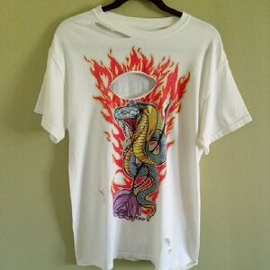 Red and White Short Sleeve Tee with Artistic Reptile Design
